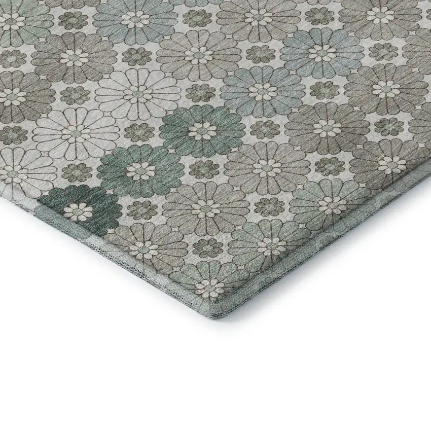 8' Taupe Beige And Teal Geometric Washable Round Rug With UV Protection Photo 6