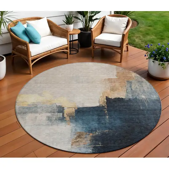 8' Taupe Black And Blue Round Abstract Washable Indoor Outdoor Area Rug Photo 1