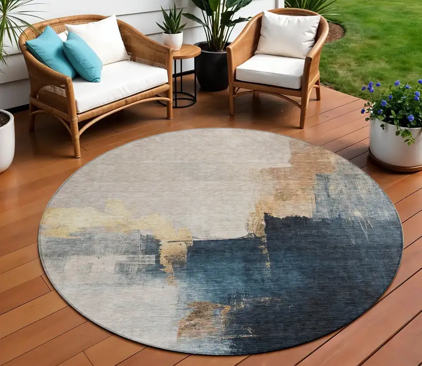 8' Taupe Black And Blue Round Abstract Washable Indoor Outdoor Area Rug Photo 1