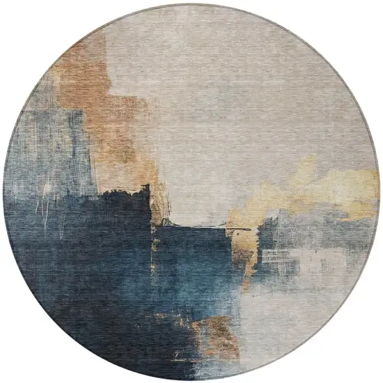 8' Taupe Black And Blue Round Abstract Washable Indoor Outdoor Area Rug Photo 6