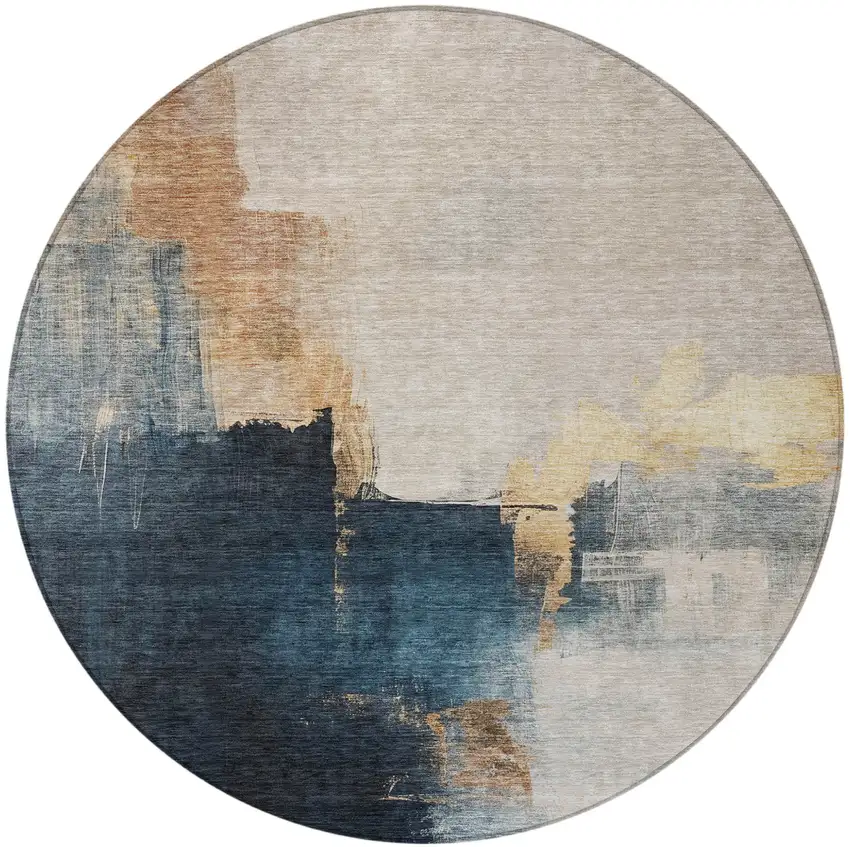8' Taupe Black And Blue Round Abstract Washable Indoor Outdoor Area Rug Photo 6