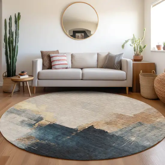 8' Taupe Black And Blue Round Abstract Washable Indoor Outdoor Area Rug Photo 8