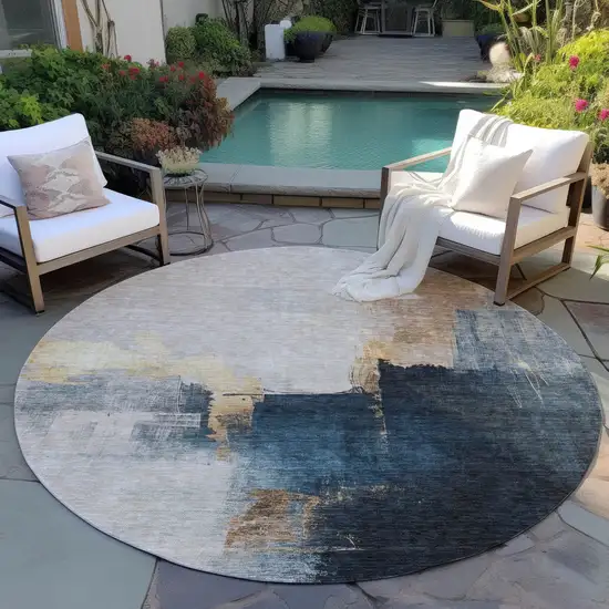 8' Taupe Black And Blue Round Abstract Washable Indoor Outdoor Area Rug Photo 7