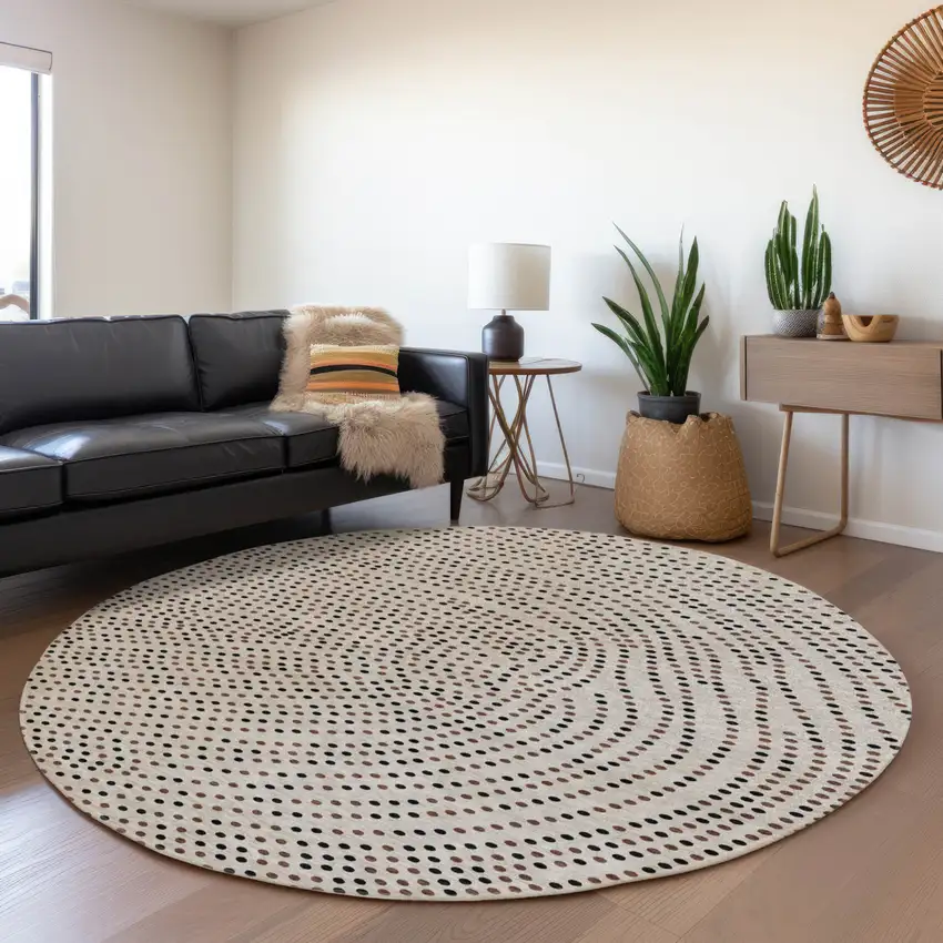 8' Taupe Black And Brown Round Polka Dot Washable Indoor Outdoor Area Rug Photo 8