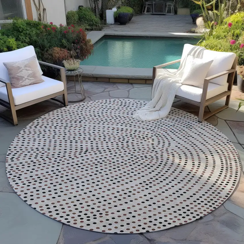 8' Taupe Black And Brown Round Polka Dot Washable Indoor Outdoor Area Rug Photo 7