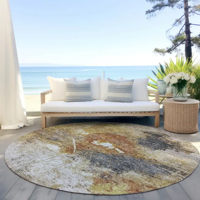 8' Taupe Black And Copper Round Abstract Washable Indoor Outdoor Area Rug Photo 5