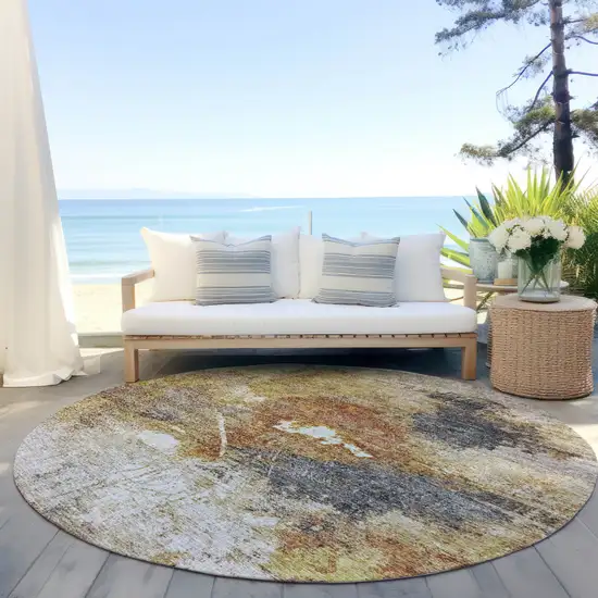 8' Taupe Black And Copper Round Abstract Washable Indoor Outdoor Area Rug Photo 5