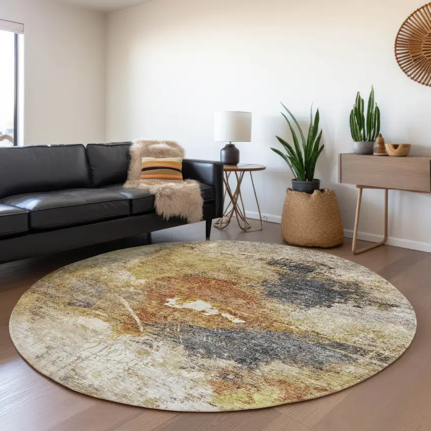 8' Taupe Black And Copper Round Abstract Washable Indoor Outdoor Area Rug Photo 6