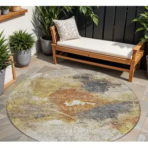 Photo of 8' Taupe Black And Copper Round Abstract Washable Indoor Outdoor Area Rug
