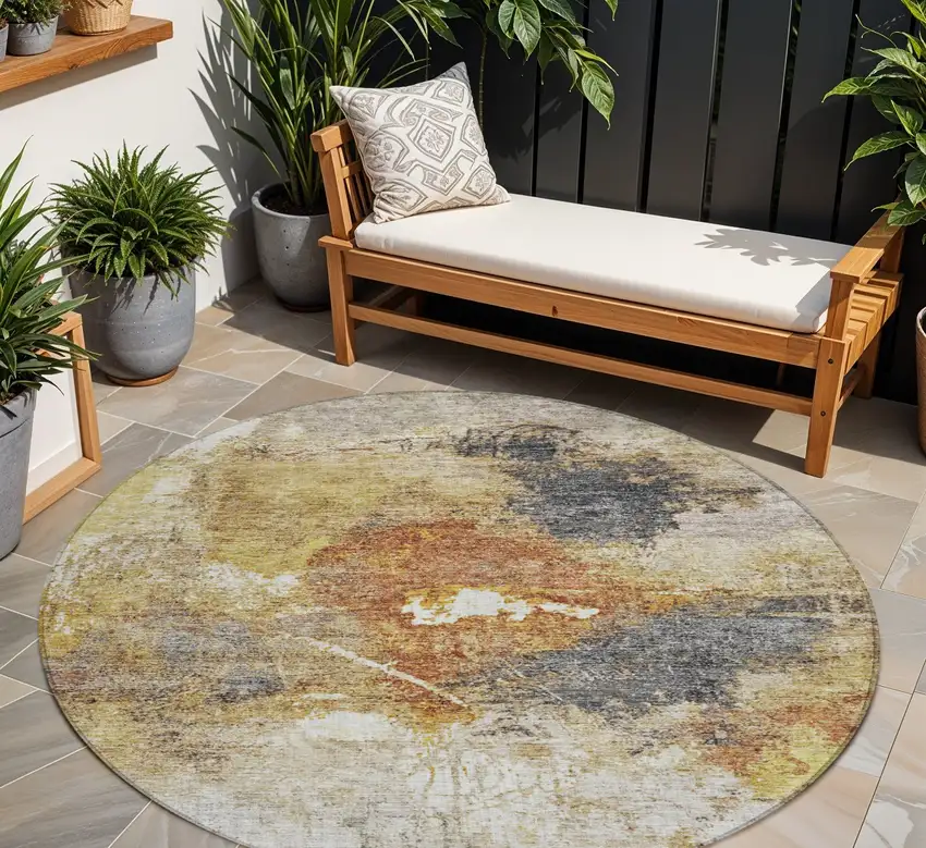 8' Taupe Black And Copper Round Abstract Washable Indoor Outdoor Area Rug Photo 1
