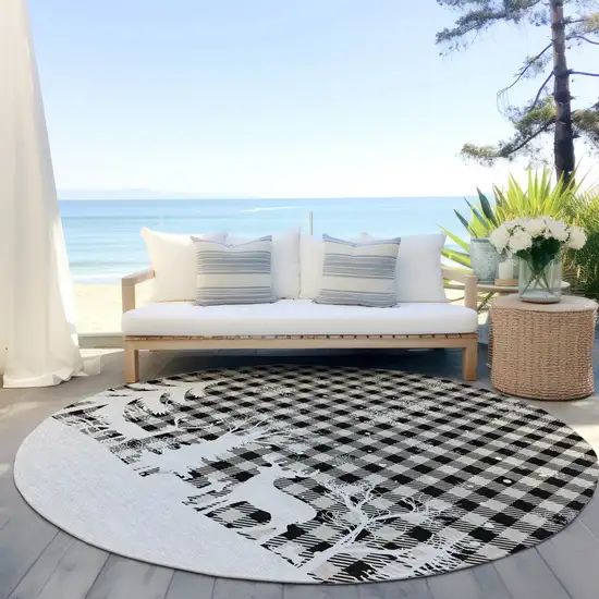 8' Taupe Black And Ivory Round Plaid Washable Indoor Outdoor Area Rug Photo 5