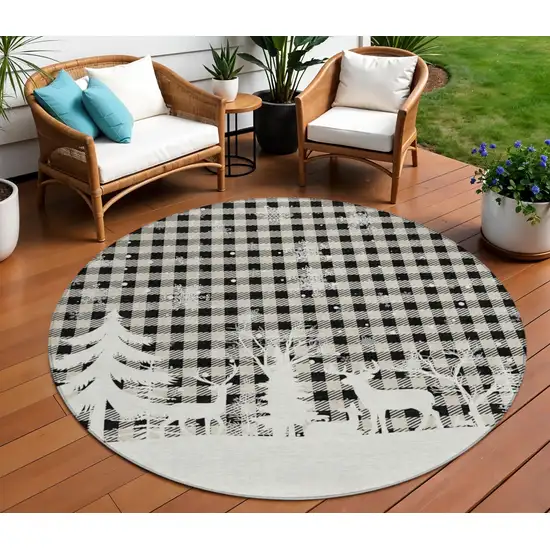 8' Taupe Black And Ivory Round Plaid Washable Indoor Outdoor Area Rug Photo 2