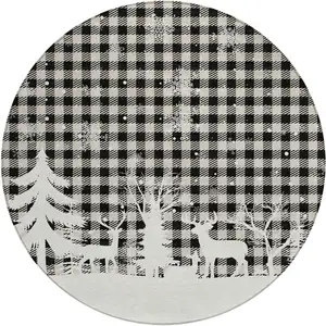 Photo of 8' Taupe Black And Ivory Round Plaid Washable Indoor Outdoor Area Rug
