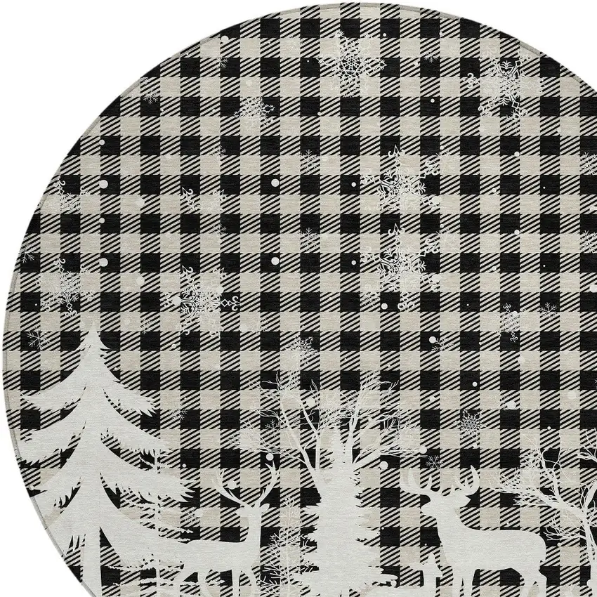 8' Taupe Black And Ivory Round Plaid Washable Indoor Outdoor Area Rug Photo 9
