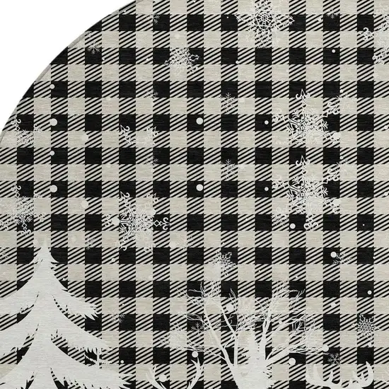 8' Taupe Black And Ivory Round Plaid Washable Indoor Outdoor Area Rug Photo 3