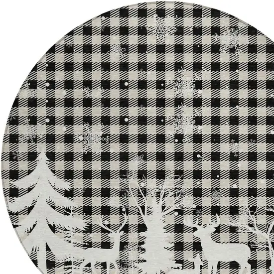 8' Taupe Black And Ivory Round Plaid Washable Indoor Outdoor Area Rug Photo 4