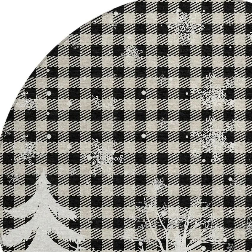 8' Taupe Black And Ivory Round Plaid Washable Indoor Outdoor Area Rug Photo 8