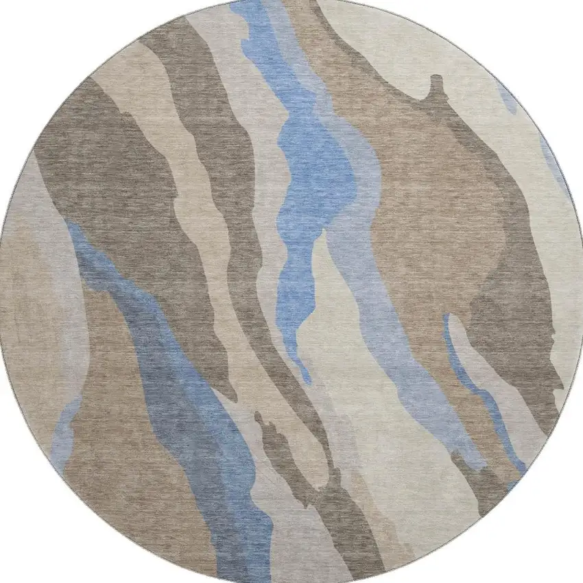 8' Taupe Blue And Beige Abstract Washable Round Rug With UV Protection Photo 3