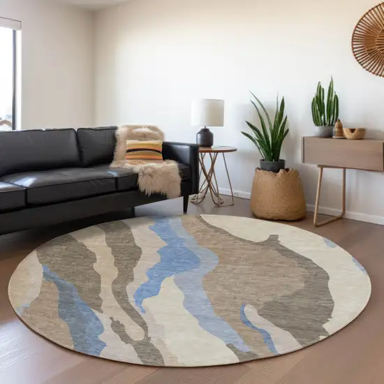 8' Taupe Blue And Beige Abstract Washable Round Rug With UV Protection Photo 4