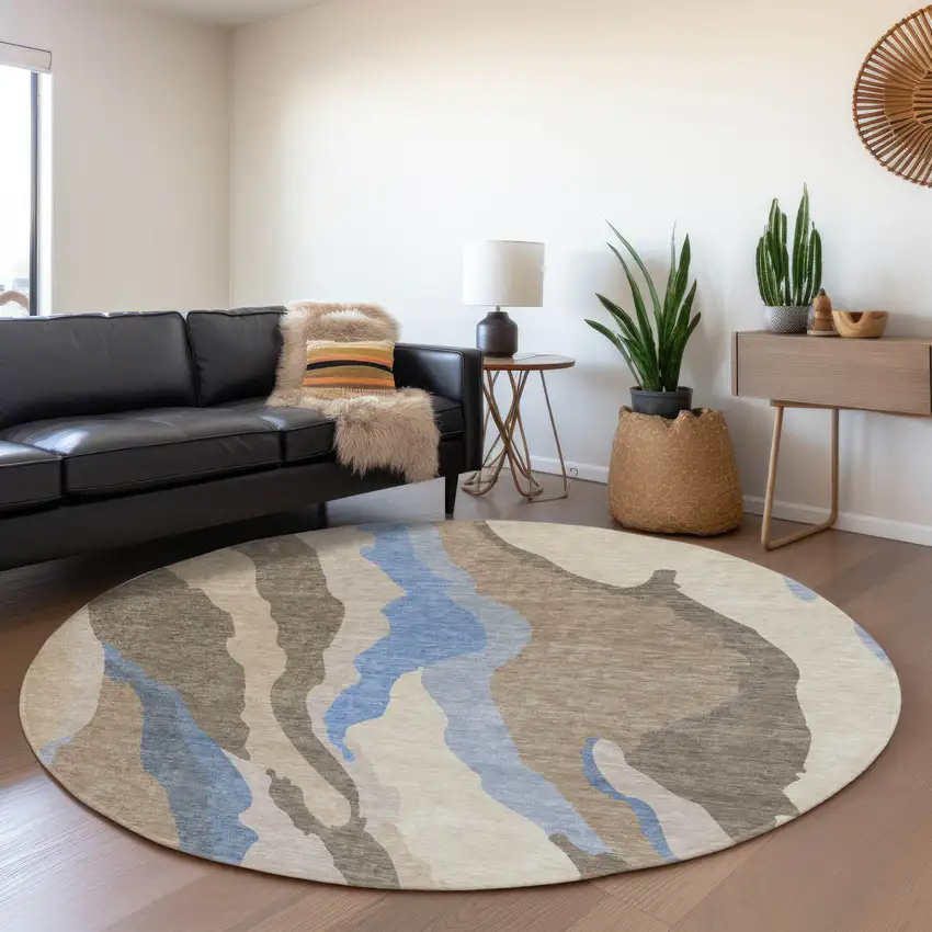 8' Taupe Blue And Beige Abstract Washable Round Rug With UV Protection Photo 4