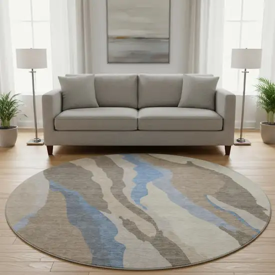 8' Taupe Blue And Beige Abstract Washable Round Rug With UV Protection Photo 2