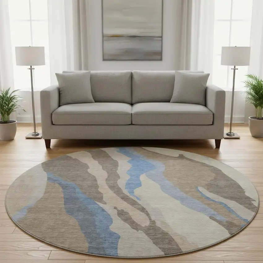 8' Taupe Blue And Beige Abstract Washable Round Rug With UV Protection Photo 2