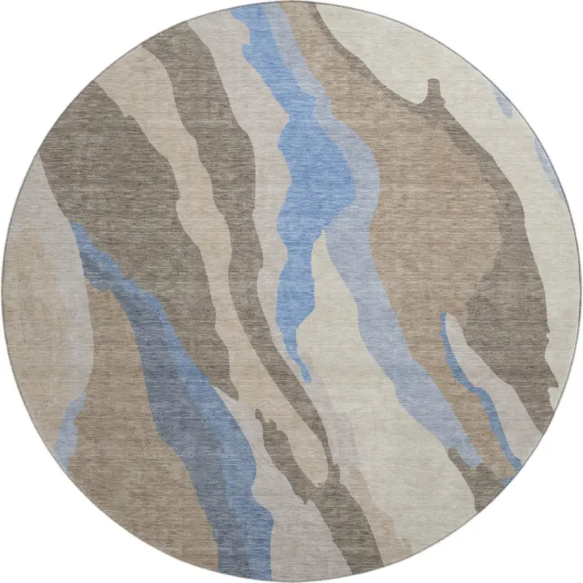 8' Taupe Blue And Beige Abstract Washable Round Rug With UV Protection Photo 1