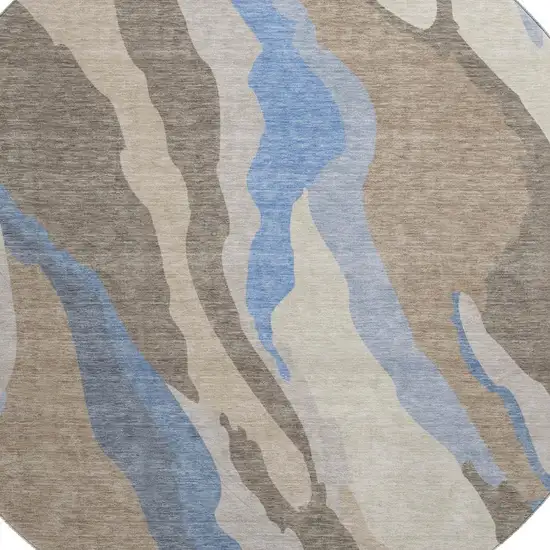 8' Taupe Blue And Beige Abstract Washable Round Rug With UV Protection Photo 2