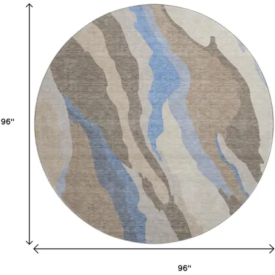 8' Taupe Blue And Beige Abstract Washable Round Rug With UV Protection Photo 9