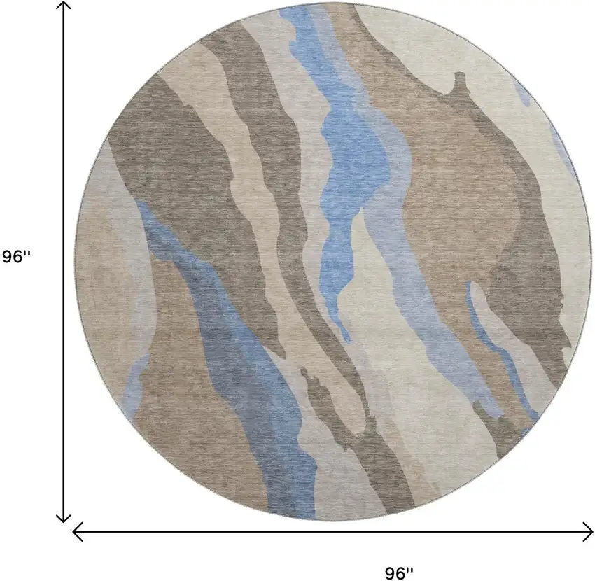 8' Taupe Blue And Beige Abstract Washable Round Rug With UV Protection Photo 9