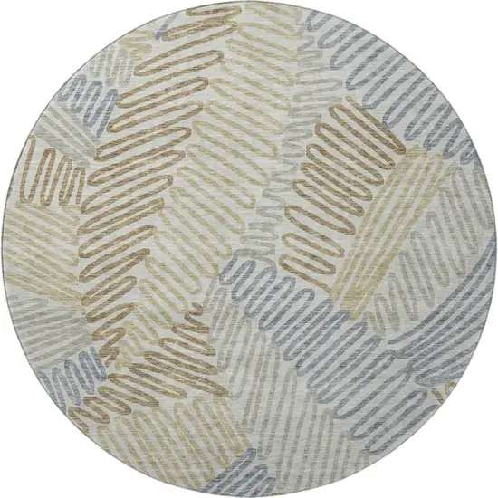 8' Taupe Blue And Beige Floral Washable Round Rug With UV Protection Photo 3