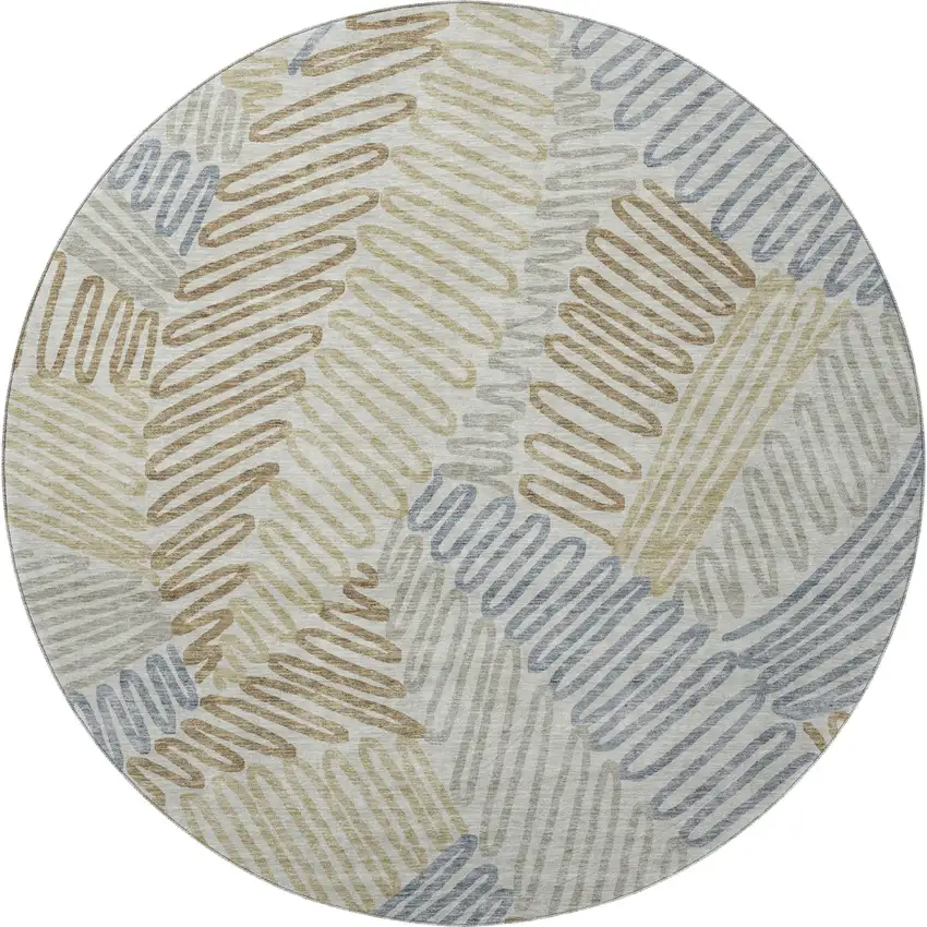 8' Taupe Blue And Beige Floral Washable Round Rug With UV Protection Photo 3