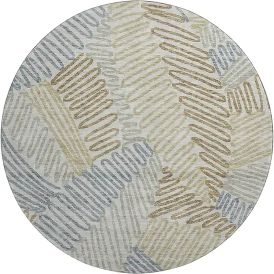 8' Taupe Blue And Beige Floral Washable Round Rug With UV Protection Photo 1