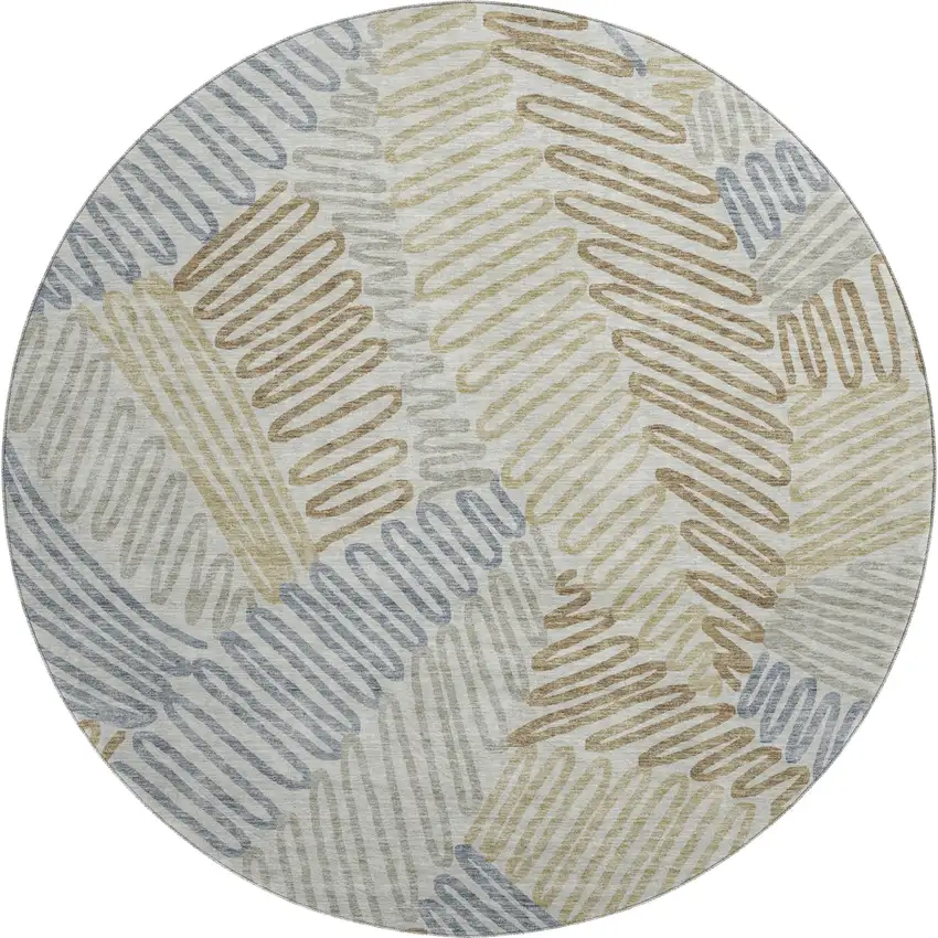 8' Taupe Blue And Beige Floral Washable Round Rug With UV Protection Photo 1