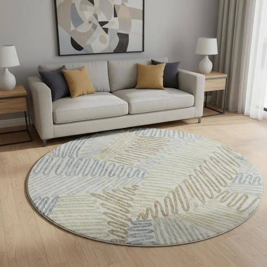 8' Taupe Blue And Beige Floral Washable Round Rug With UV Protection Photo 2