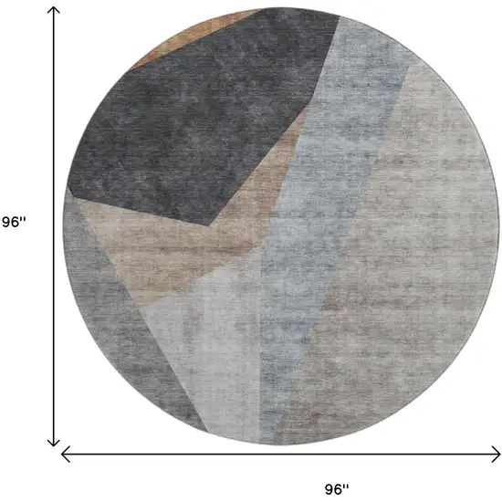 8' Taupe Blue And Beige Geometric Washable Round Rug With UV Protection Photo 4