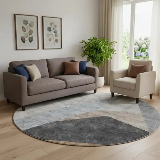 8' Taupe Blue And Beige Geometric Washable Round Rug With UV Protection Photo 1