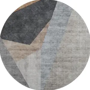 Photo of 8' Taupe Blue And Beige Geometric Washable Round Rug With UV Protection