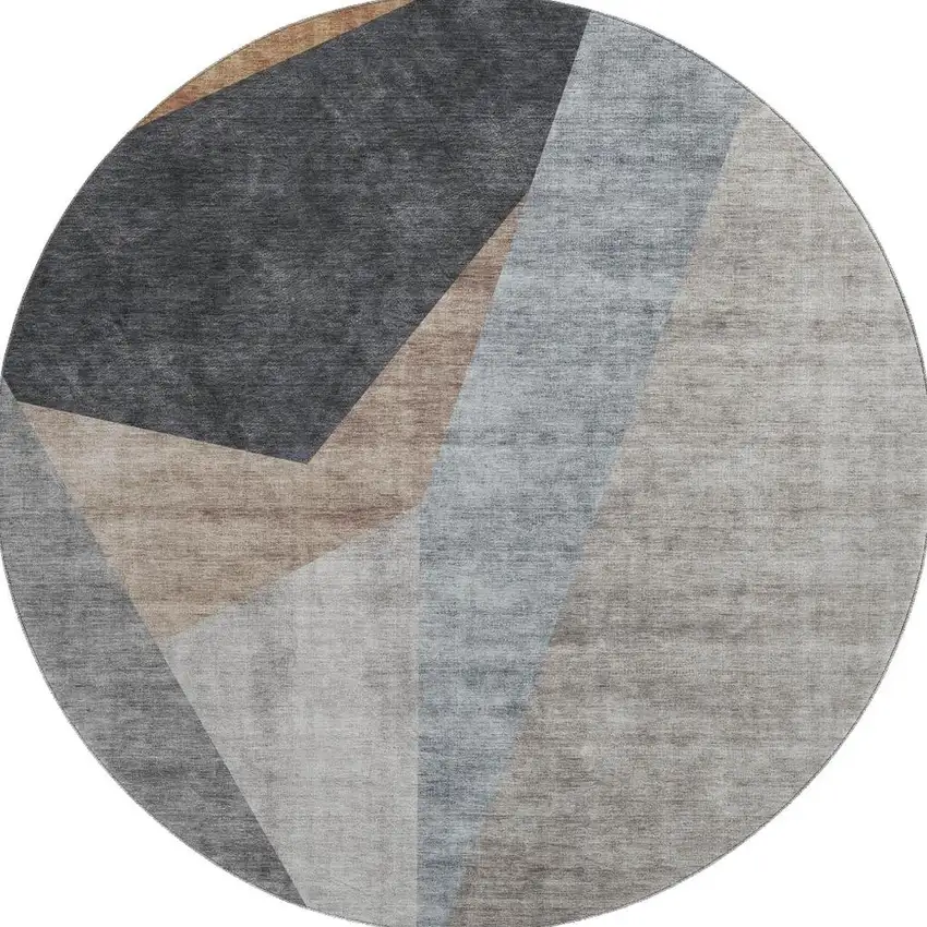 8' Taupe Blue And Beige Geometric Washable Round Rug With UV Protection Photo 1
