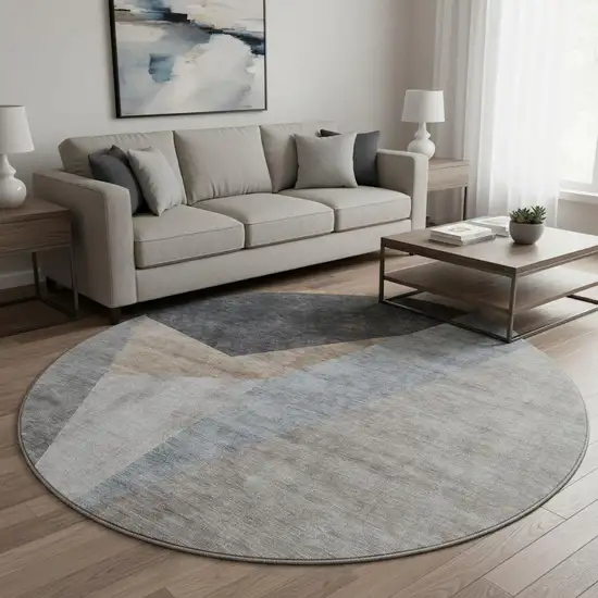 8' Taupe Blue And Beige Geometric Washable Round Rug With UV Protection Photo 2