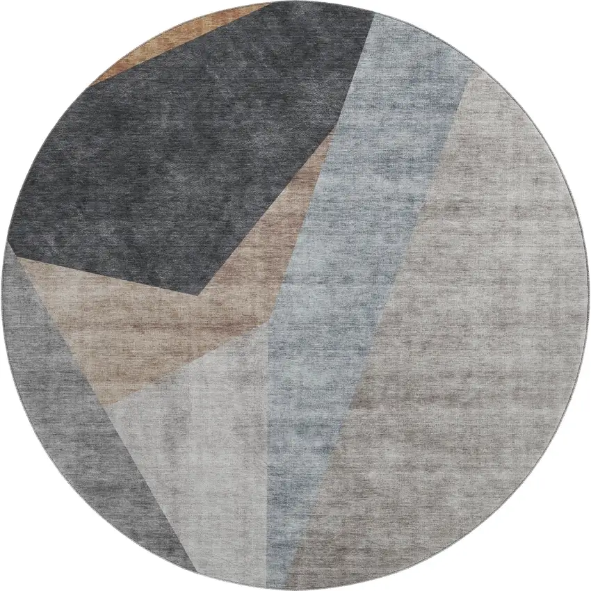 8' Taupe Blue And Beige Geometric Washable Round Rug With UV Protection Photo 5