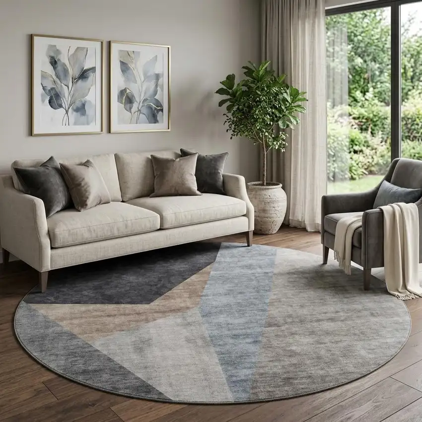8' Taupe Blue And Beige Geometric Washable Round Rug With UV Protection Photo 1
