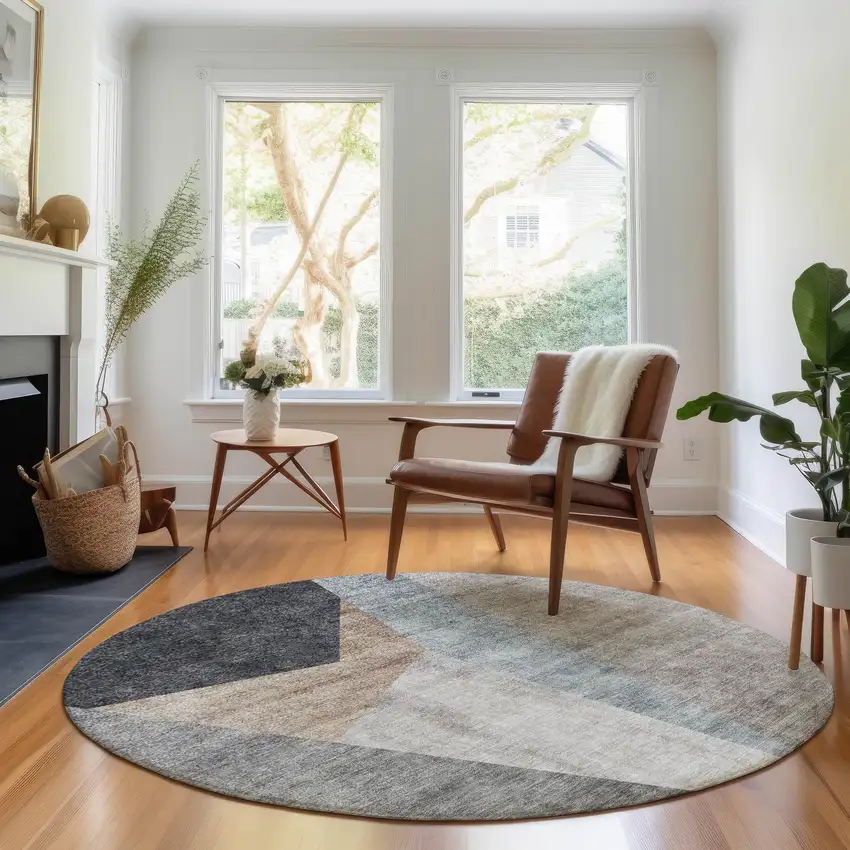 8' Taupe Blue And Beige Geometric Washable Round Rug With UV Protection Photo 3