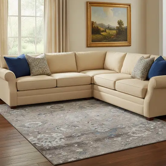 8' Taupe Blue And Beige Oriental Washable Area Rug With UV Protection Photo 2