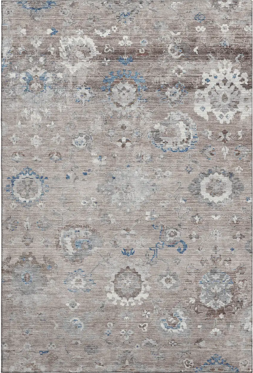 8' Taupe Blue And Beige Oriental Washable Area Rug With UV Protection Photo 1