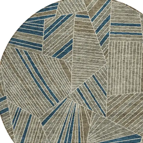 8' Taupe Blue And Beige Round Geometric Washable Indoor Outdoor Area Rug Photo 4