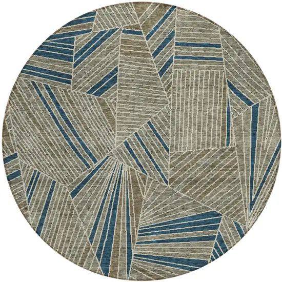 8' Taupe Blue And Beige Round Geometric Washable Indoor Outdoor Area Rug Photo 2