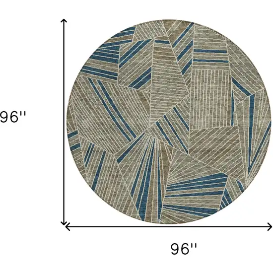 8' Taupe Blue And Beige Round Geometric Washable Indoor Outdoor Area Rug Photo 3