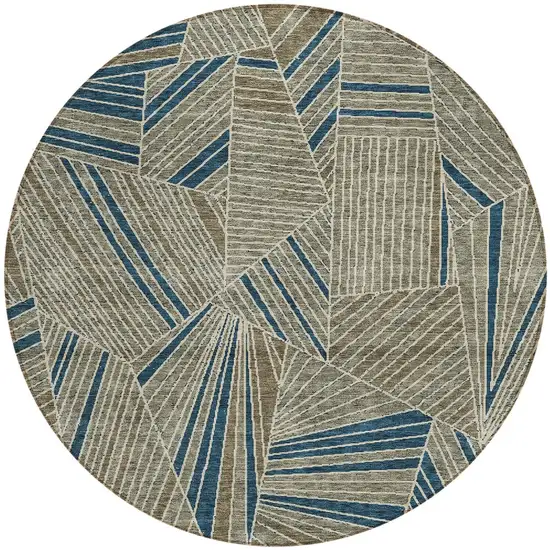 8' Taupe Blue And Beige Round Geometric Washable Indoor Outdoor Area Rug Photo 6
