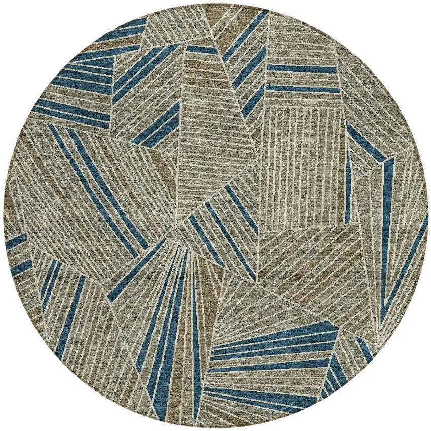 8' Taupe Blue And Beige Round Geometric Washable Indoor Outdoor Area Rug Photo 6